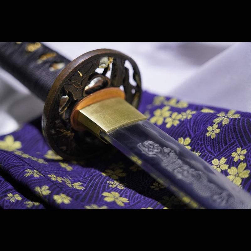 Handgeschmiedetes japanisches Samurai-Schwert gefalteter Stahl Ton gehärtetes vergoldetes Kupfer/versilbertes Kupfer Tsuba - COOLKATANA 