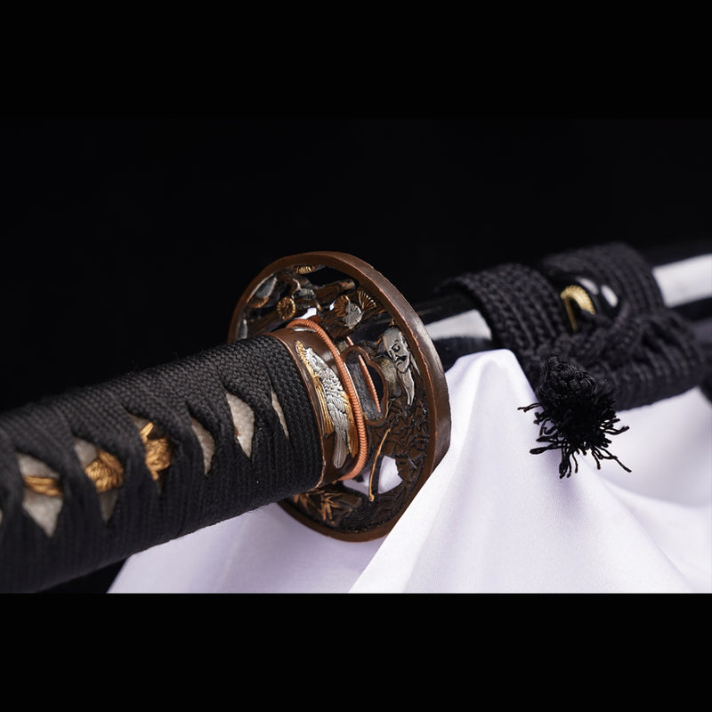 Handgeschmiedetes japanisches Samurai-Schwert gefalteter Stahl Ton gehärtetes vergoldetes Kupfer/versilbertes Kupfer Tsuba - COOLKATANA 
