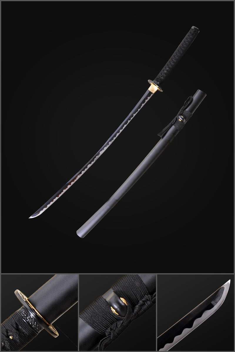 Handgeschmiedetes japanisches Samurai-Katana-Schwert 1095 Kohlenstoffstahl Schwarze Klinge Gefälschte Hamon-Eisen-Tsuba - COOLKATANA 