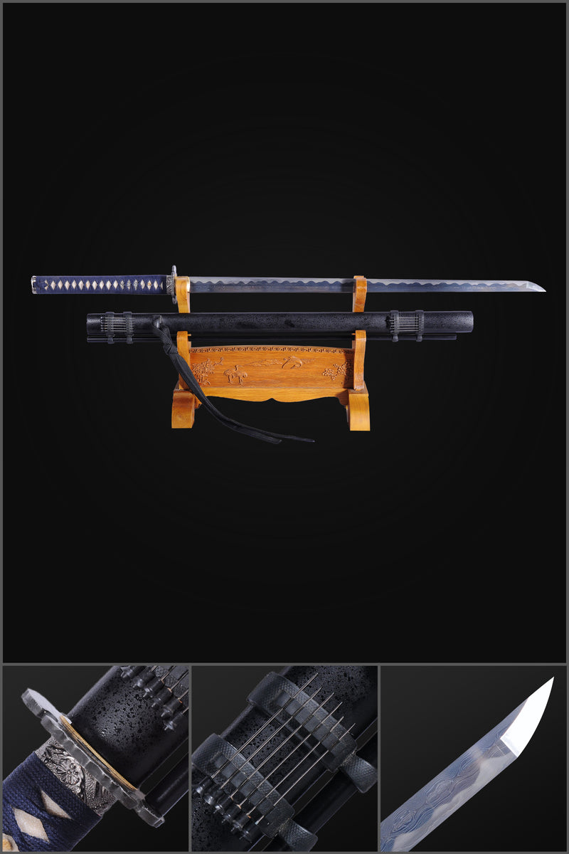 Handgeschmiedetes japanisches Ninja-Schwert aus Chokuto-Damaststahl mit Blasnadeln - COOLKATANA 