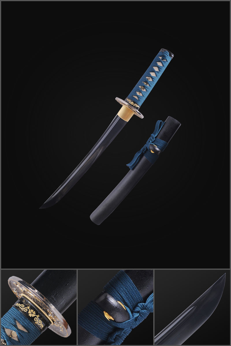 Handgeschmiedetes japanisches Tanto-Kurzschwert Damast gefaltete Stahlklinge mit schwarzer Klinge und Blutrille - COOLKATANA 