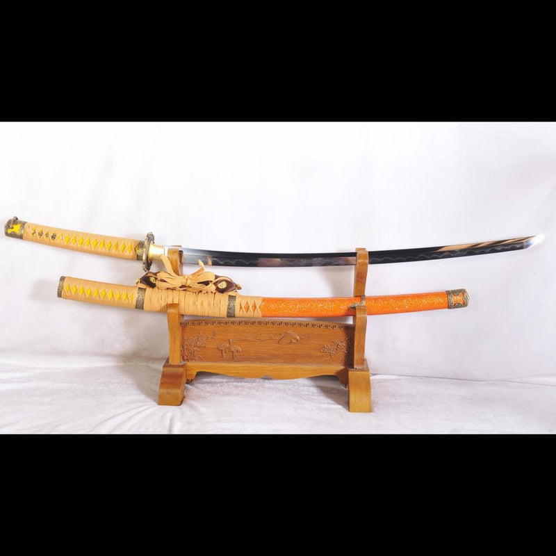 Handgeschmiedetes Tachi-Schwert Japanisches Samurai-Schwert Sanmai 1095 Kohlenstoffstahl + Gefalteter Stahl Clay Tempered - COOLKATANA 