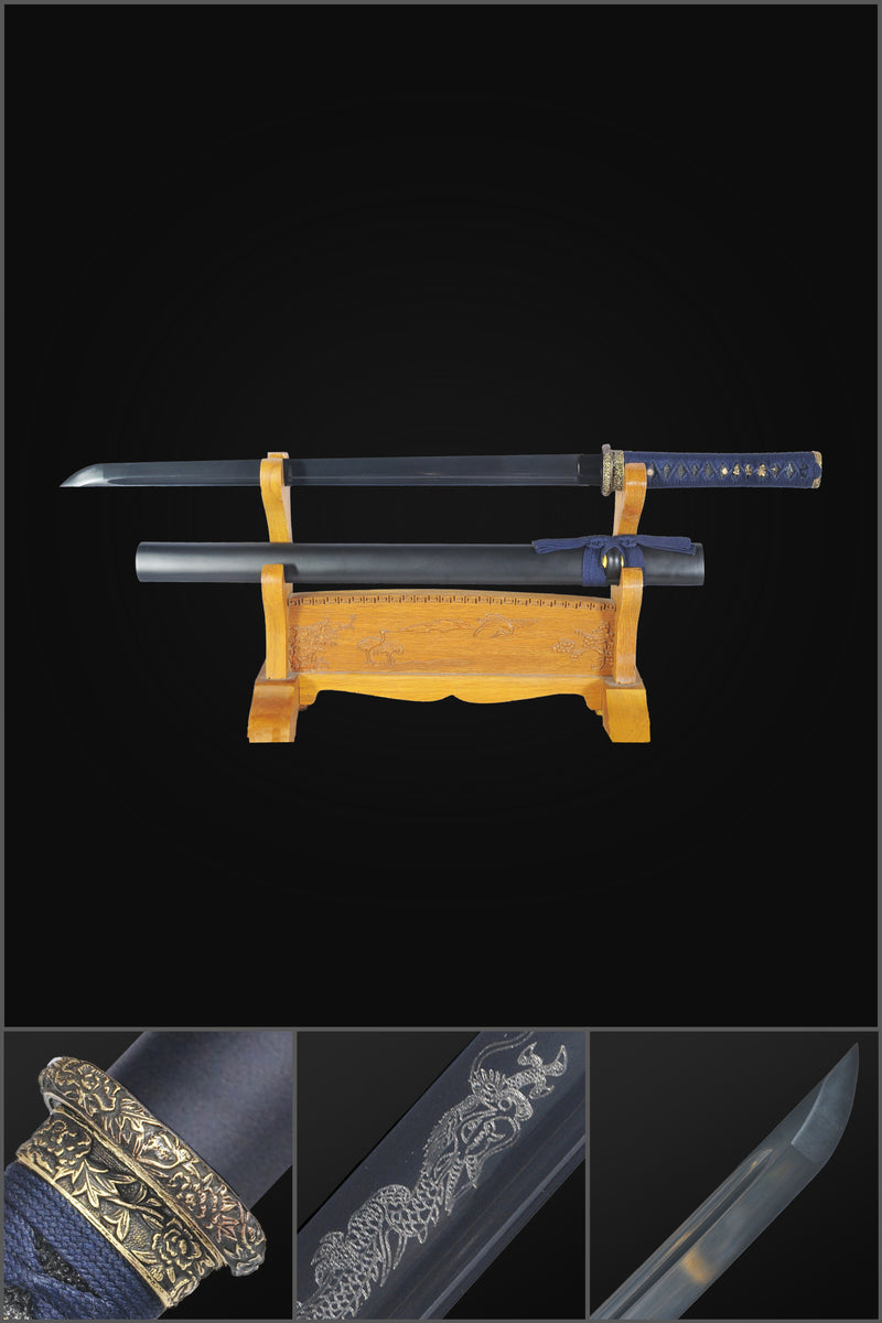 Handmade Japanese Ninja Sword Straight Blade Ninjato Folded Steel Blac 