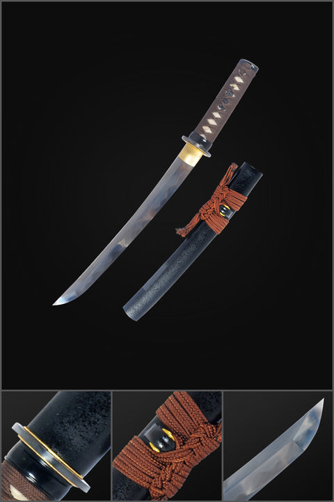Hand Forged Japanese Tanto Sword Short Sword Clay Tempered Feather Pattern Blade Iron Tsuba-COOLKATANA-SL-1255-U