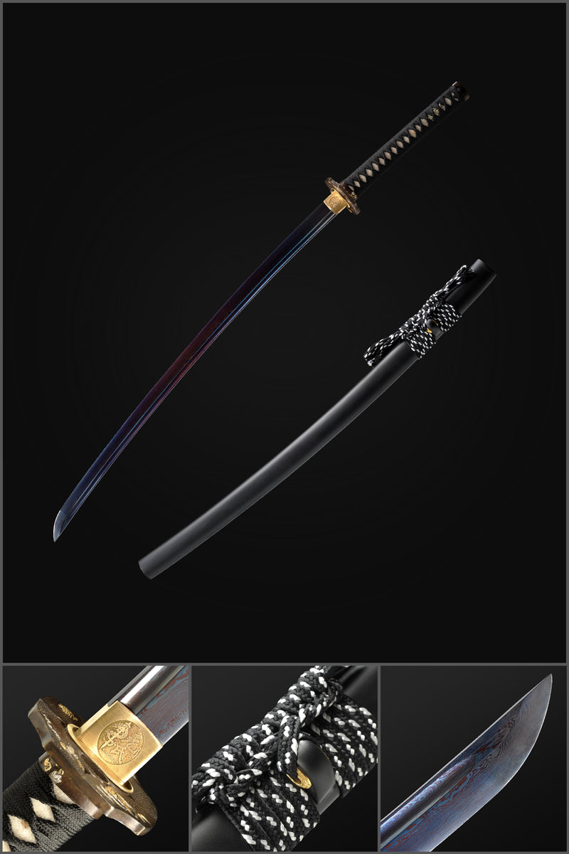 Hand Forged Japanese Samurai Katana Sword Folded Steel Blue Blade Copp 