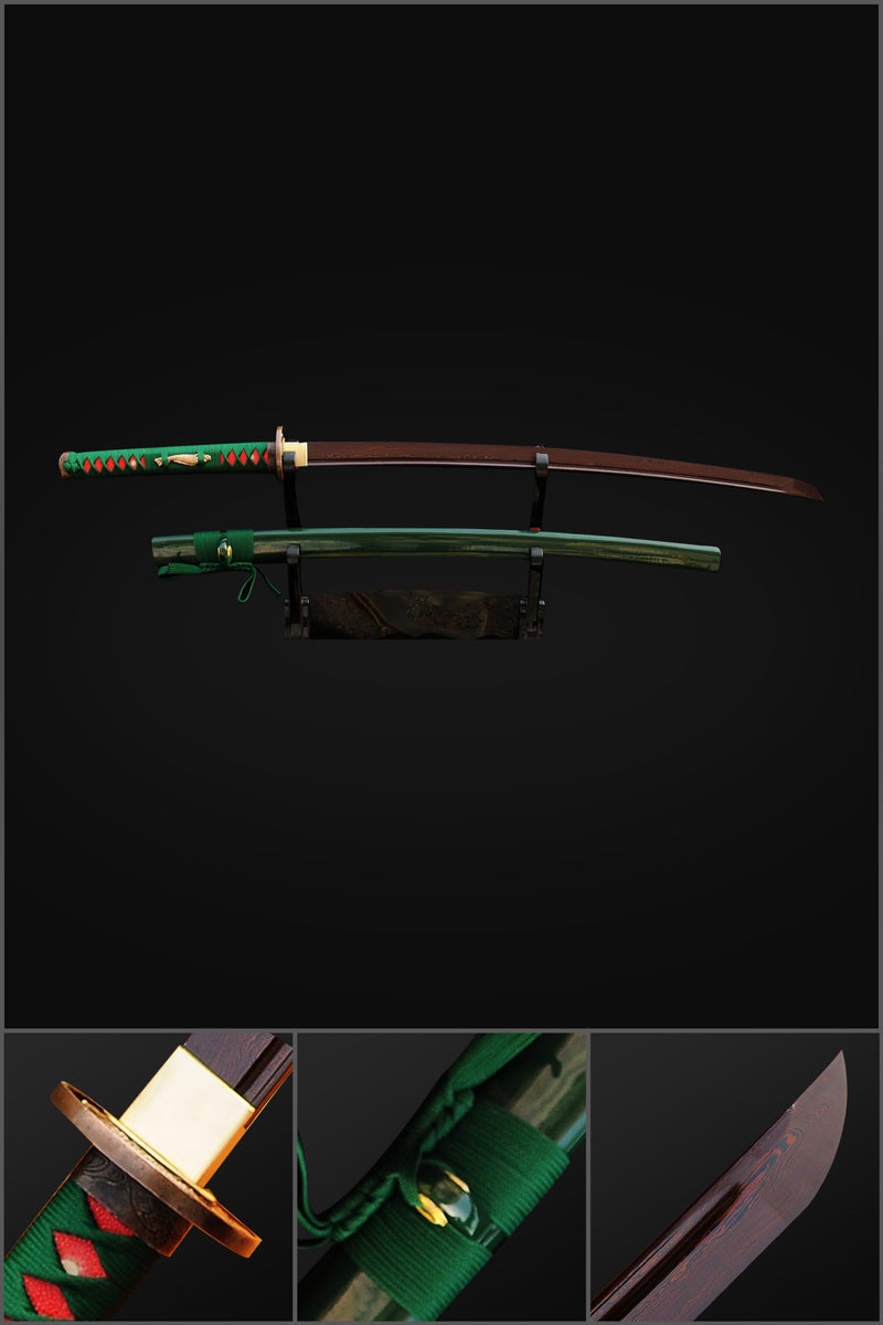 Handgeschmiedetes japanisches Samurai-Katana-Schwert aus Damaskus, gefalteter Stahl, rötlich-schwarze Klinge, Kupfer-Fisch-Tsuba - COOLKATANA 