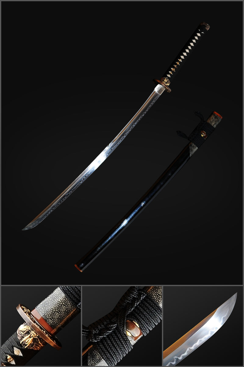 Handgeschmiedetes japanisches Samurai-Katana-Schwert aus 1095 Kohlenstoffstahl, Ton gehärtet, Vollerl, halb Rochenhaut-Saya - COOLKATANA 