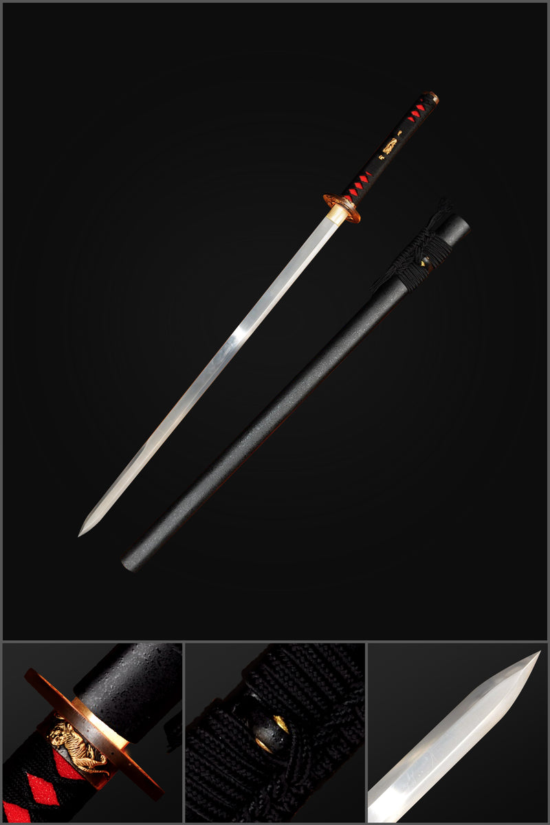 Handgeschmiedete japanische Ninja Chokuto gerade Klinge Ninjato Honsanmai 1095 Stahl + gefalteter Stahl Kupfer Tsuba - COOLKATANA 