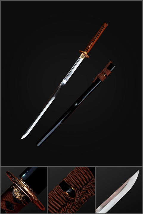 Hand Forged Japanese O-Kissaki Ninja Sword Chokuto 1095 High Carbon Steel Copper Tsuba Black Saya-COOLKATANA-SL-335-U