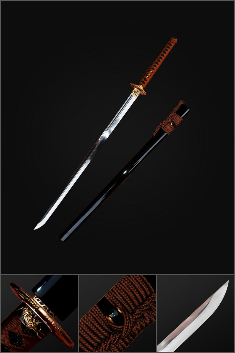 Handgeschmiedetes japanisches O-Kissaki-Ninja-Schwert Chokuto 1095 Kohlenstoffstahl, Kupfer-Tsuba, schwarze Saya 