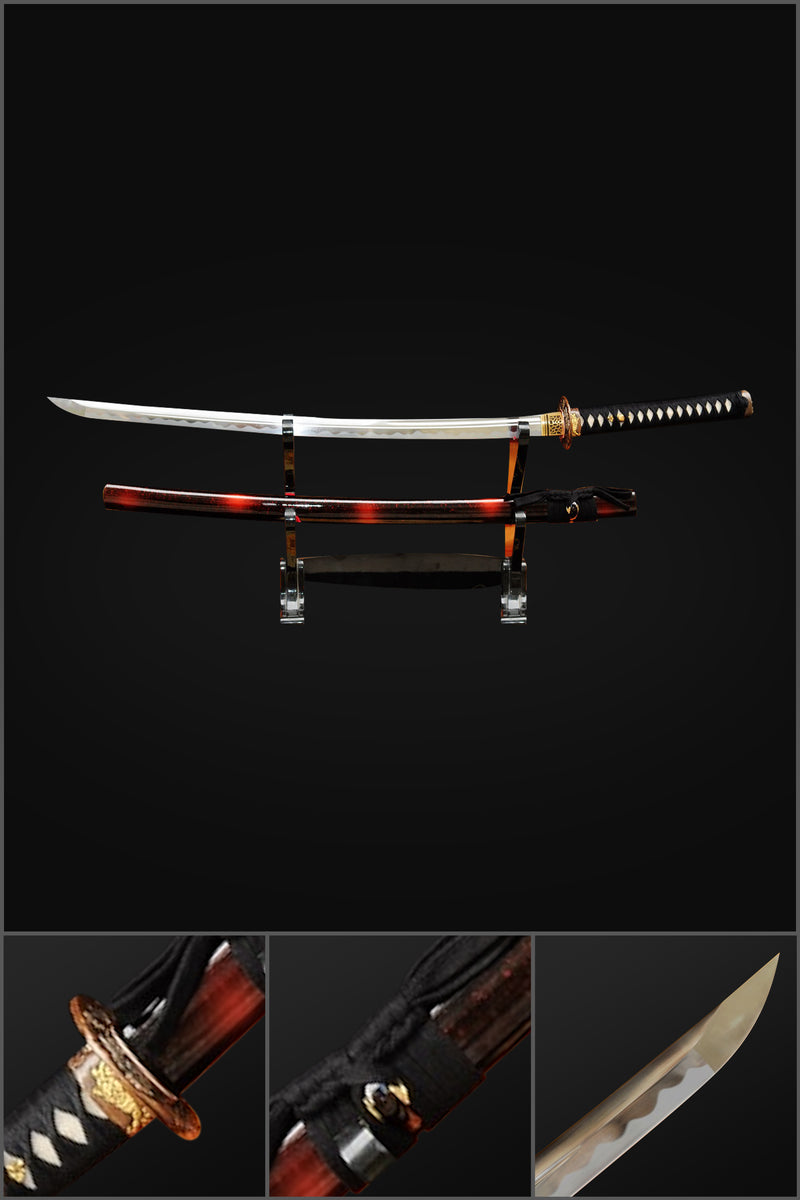 Handgeschmiedetes japanisches Samurai-Katana-Schwert O-Kissaki 1095 Hartstahl Vollerl-Kupferblumen-Tsuba - COOLKATANA 