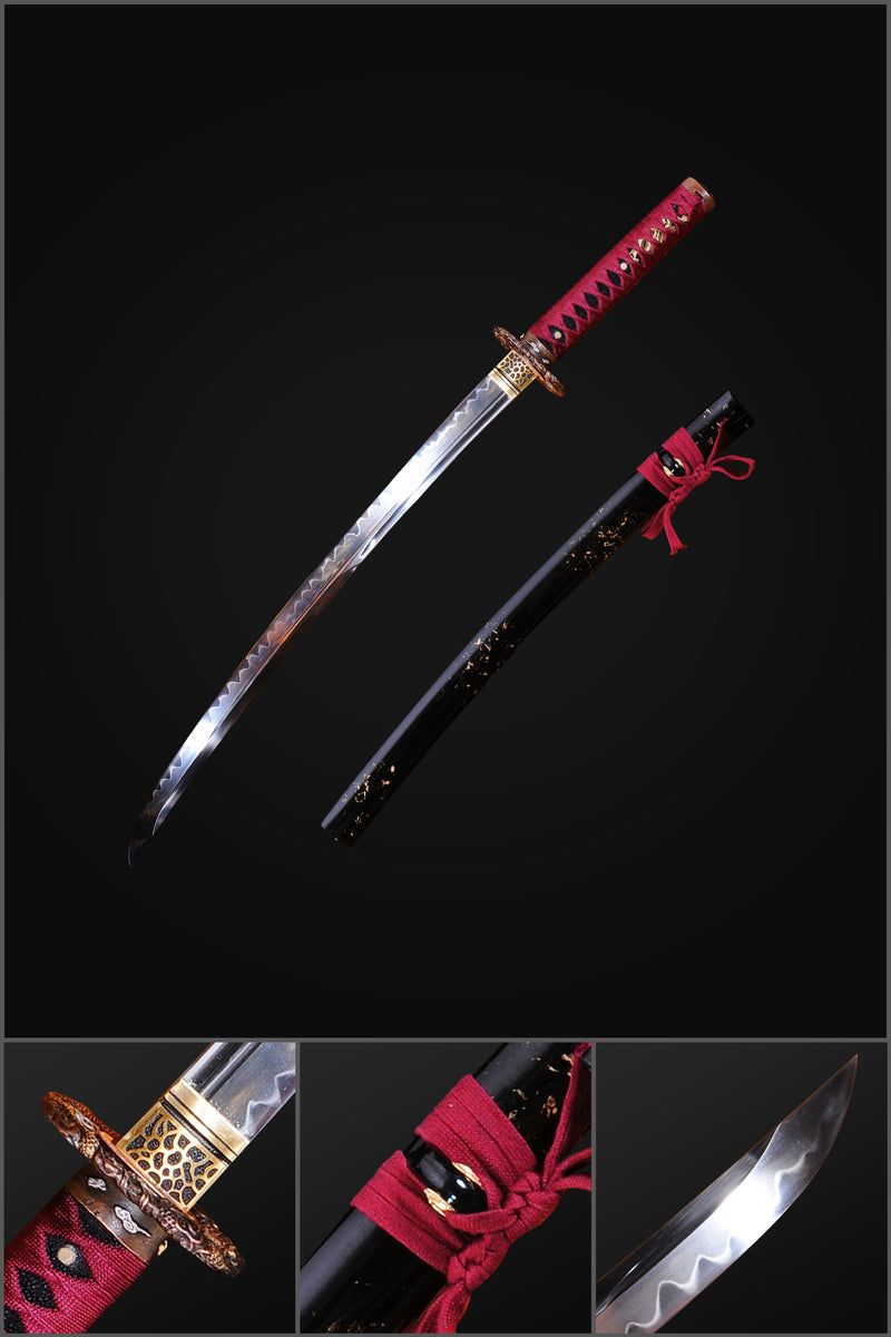 Handgeschmiedetes japanisches Wakizashi-Schwert 1095 Kohlenstoffstahl Ton gehärtetes Kupfer Drachentsuba - COOLKATANA 