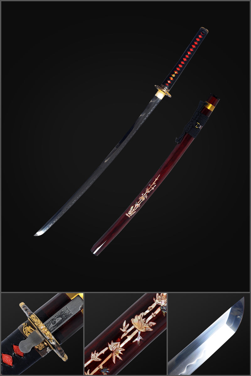 Handgeschmiedetes japanisches Samurai-Schwert aus Ton gehärtetes Katana mit Kozuka-Muschel-Saya - COOLKATANA 