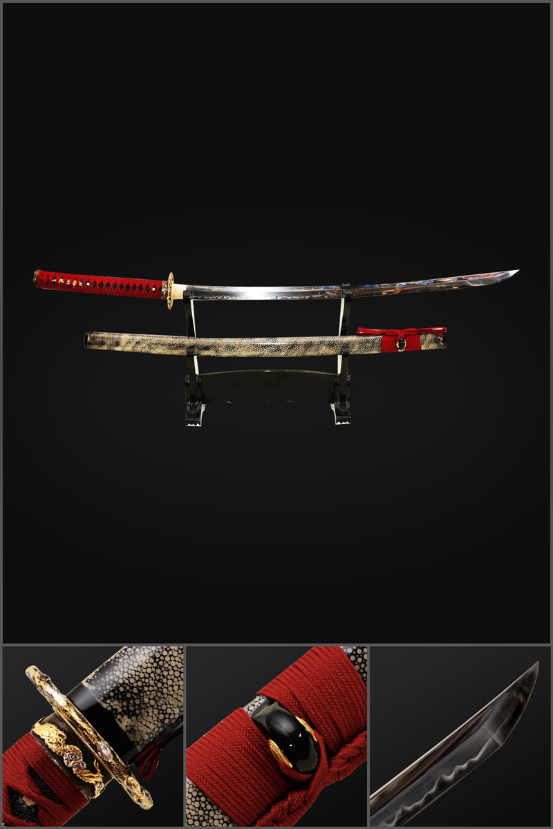 Handgeschmiedetes japanisches Samurai-Schwert Clay Tempered Katana Full Rayskin Saya - COOLKATANA 
