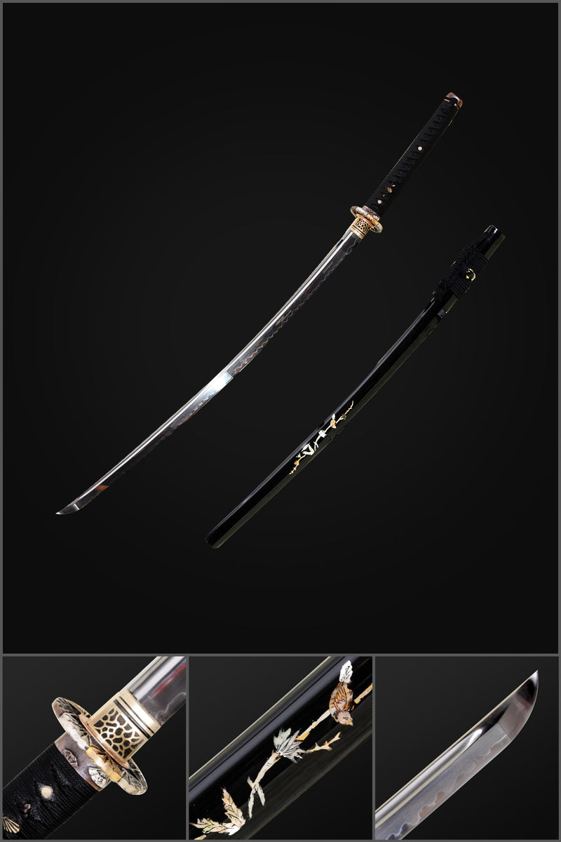Handgeschmiedetes japanisches Samurai Katana Schwert 1095 Stahl Ton gehärtete Klinge Kupfer Tsuba Shell Saya