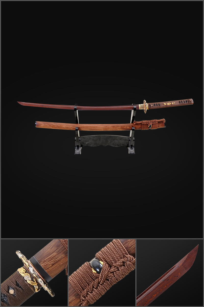 Handgeschmiedetes japanisches Samurai-Katana-Schwert gefalteter Stahl rötlich-schwarze Klingen-Drachen-Tsuba - COOLKATANA 
