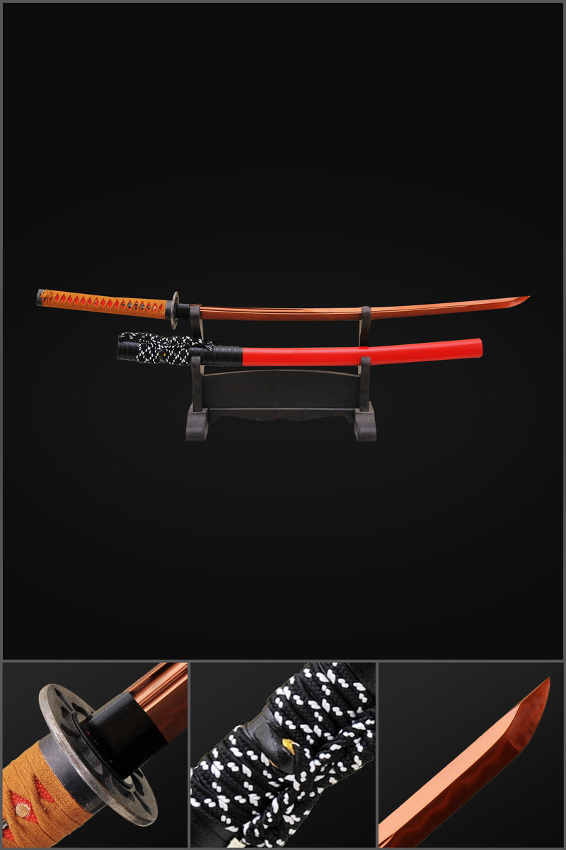 Handmade Japanese Katana Sword 1095 Carbon Steel Clay Tempered Red Bla 